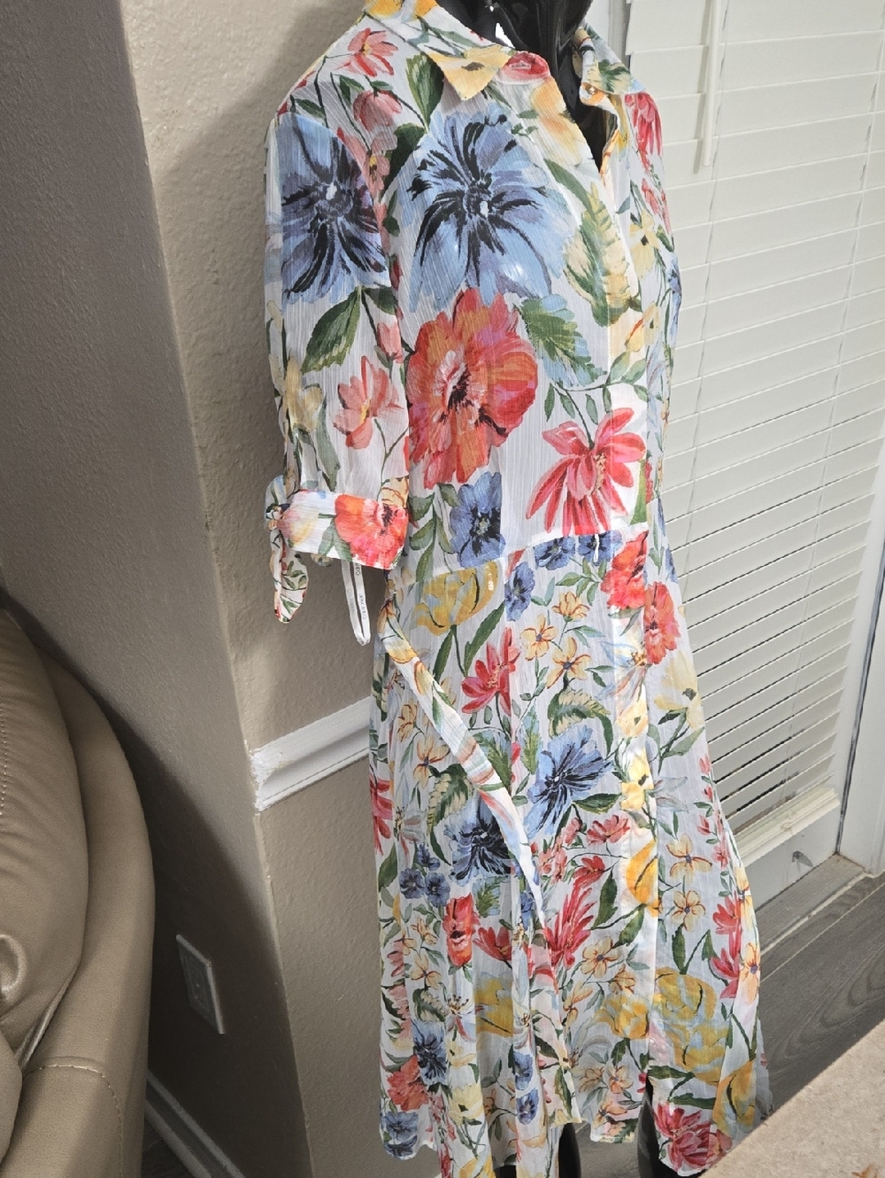 Calvin Klein Floral Button-Front Midi Dress in Multi-Colored Print